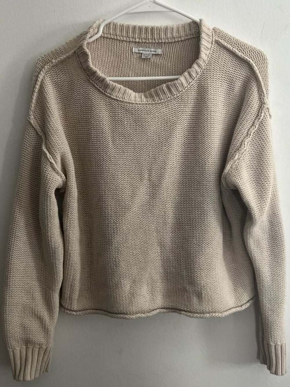 American Eagle Cream Chunky Knit Raw Hem Cropped Sweater XS